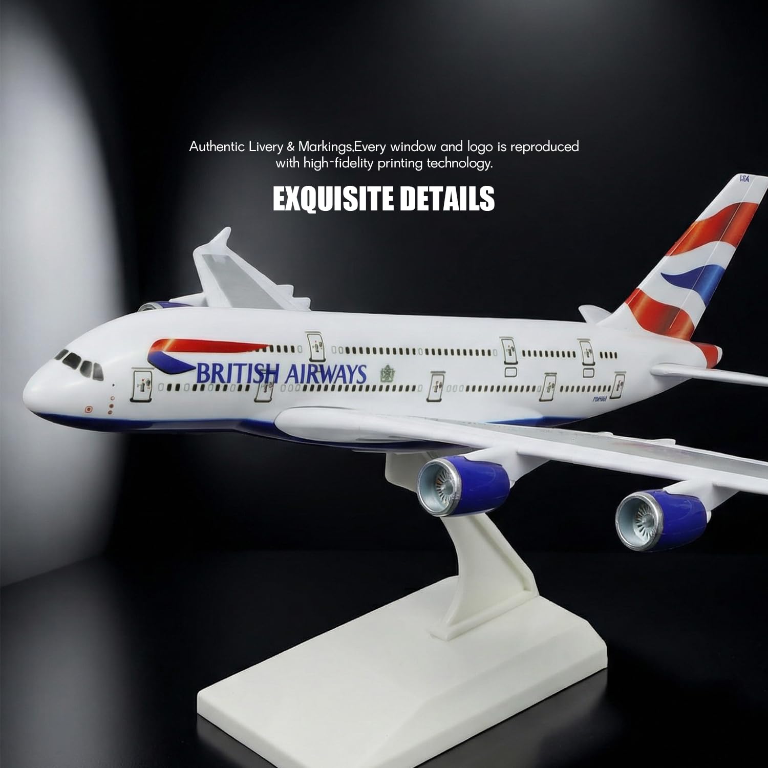 Modellino di aereo da assemblare in scala 1/280 compatibile con Airbus A380 British Airways, kit di montaggio rapido in plastica con supporto, lunghezza 25,5 cm, esposizione o come regalo