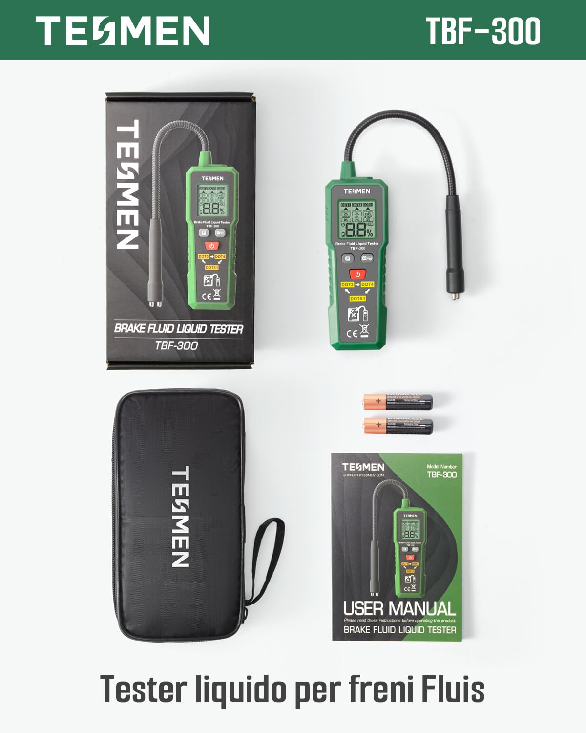 TESMEN TBF-300 Tester Liquido Freni Sonda Flessibile 8,5" Torcia Integrata Allarme Retroilluminato Compatibile DOT3 DOT4 DOT5.1