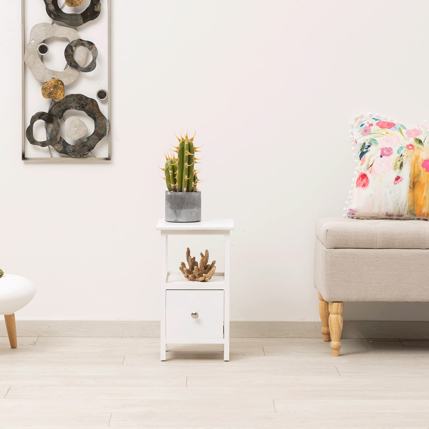Baroni Home Comodino, Mobiletto da Soggiorno, Salotto, Camera da Letto, Cameretta, Bagno, Mobiletto Multiuso, Colore Bianco 1 Cassetto e 1 Ripiano Misure 25X25X44 cm