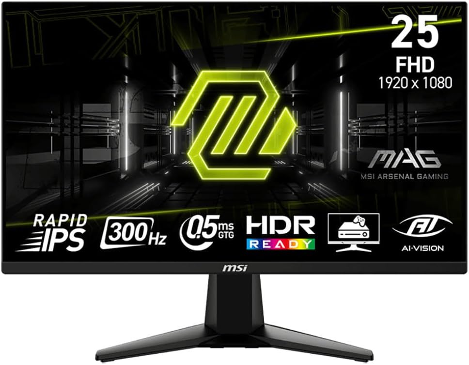 MAG 255XF 25-inch 1920 x 1080 (FHD) Gaming Monitor, 300Hz, AMD FreeSync Premium, HDMI, DisplayPort, VGA Port, VESA, Tilt, Speaker, 0.5ms, Black
