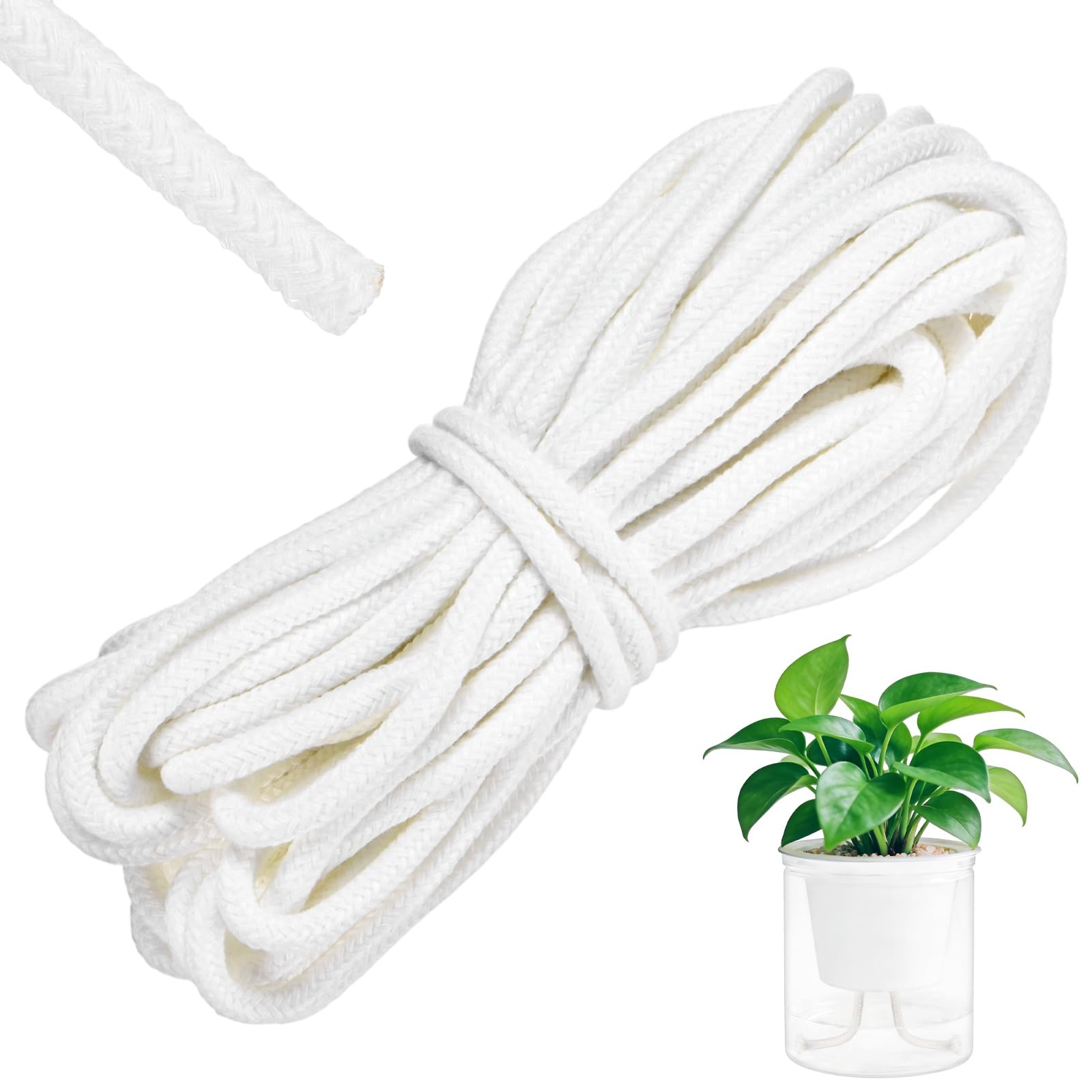 M METERXITY 1-Pack 49.2 Feet Self Watering Wick Cord, 1/4 Inch Cotton Rope Self Wicking Rope for Potted Plants/Flower Pots/Seedlings, Water Wicks for Plants [White]