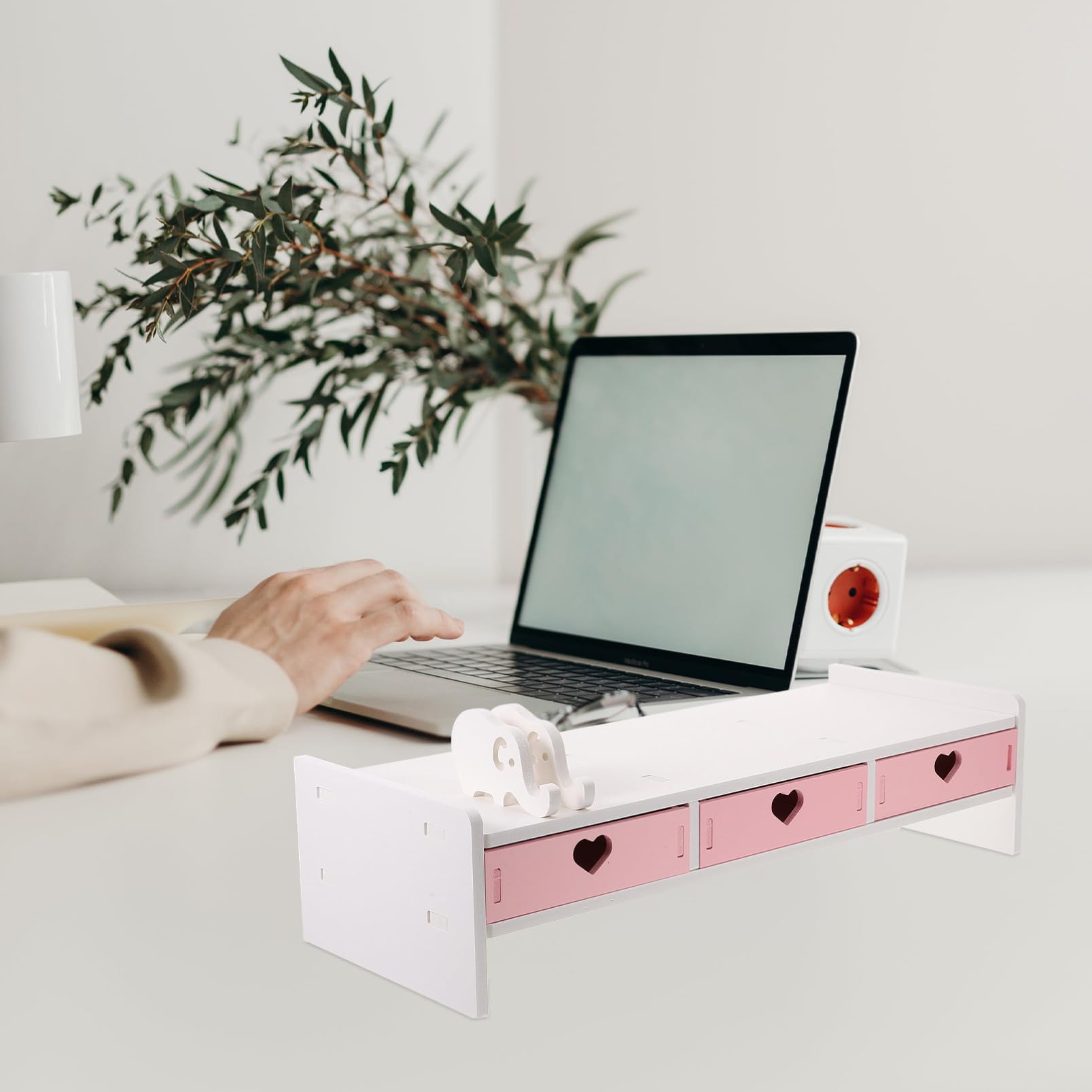 Housoutil Supporto per Monitor da Scrivania in PVC Rosa e Bianco, Rialzo e Organizzatore per Computer da Ufficio e Studenti, Spazio Salvaspazio per Tastiera e Accessori