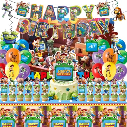 For Toy Story Party Supplies 46 PCS Birthday Decorations Set Include Banner Balloons  Hanging Swirls Cake Cupcake Toppers Tablecloth for Boys Girls Cartoon Theme Party