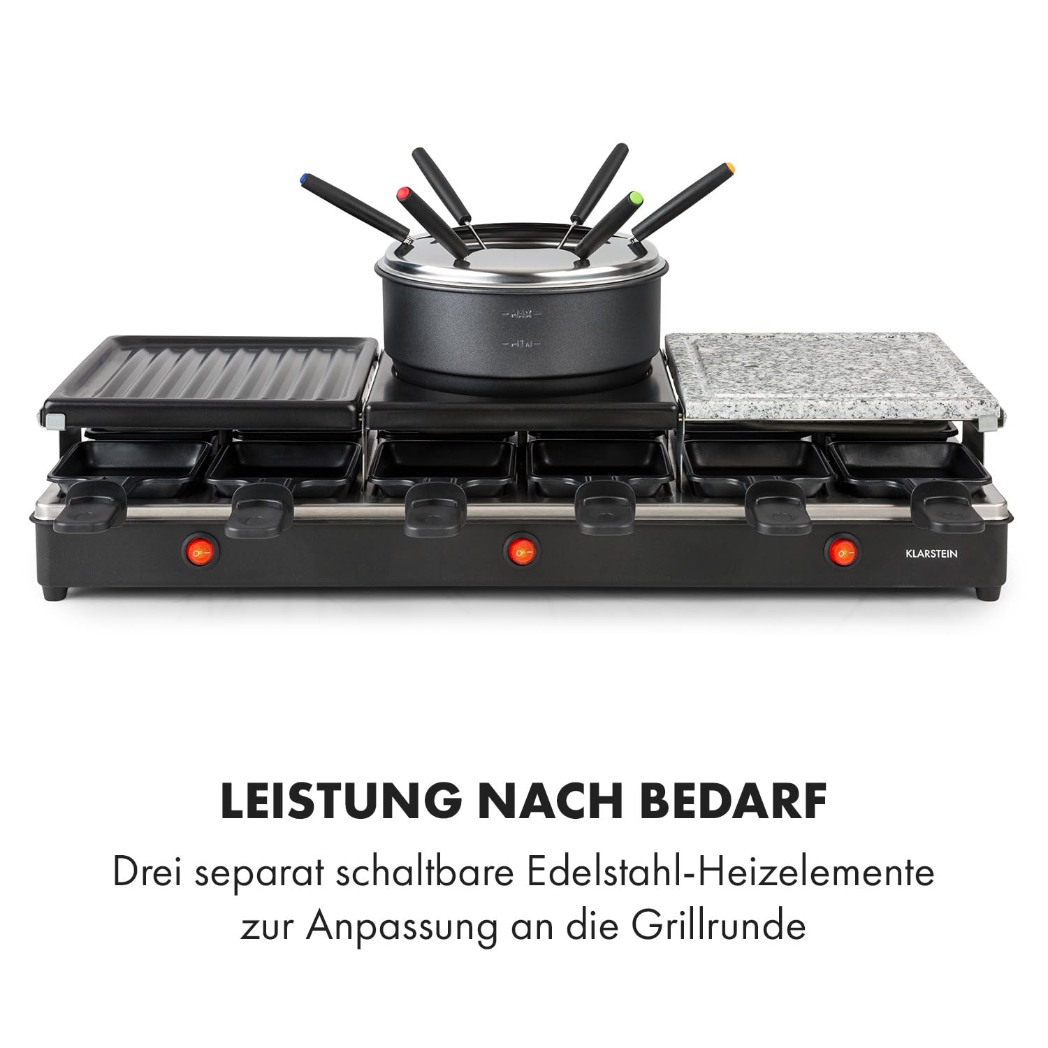 Klarstein Fonduelette XL - 3-in-1 Raclette-Grill & Fondue, 1650 Watt: Metall- /Naturstein-/Crêpesplatte, 3 separate Edelstahl-Heizelemente, bis 12 Personen, Antihaftbeschichtung, schwarz