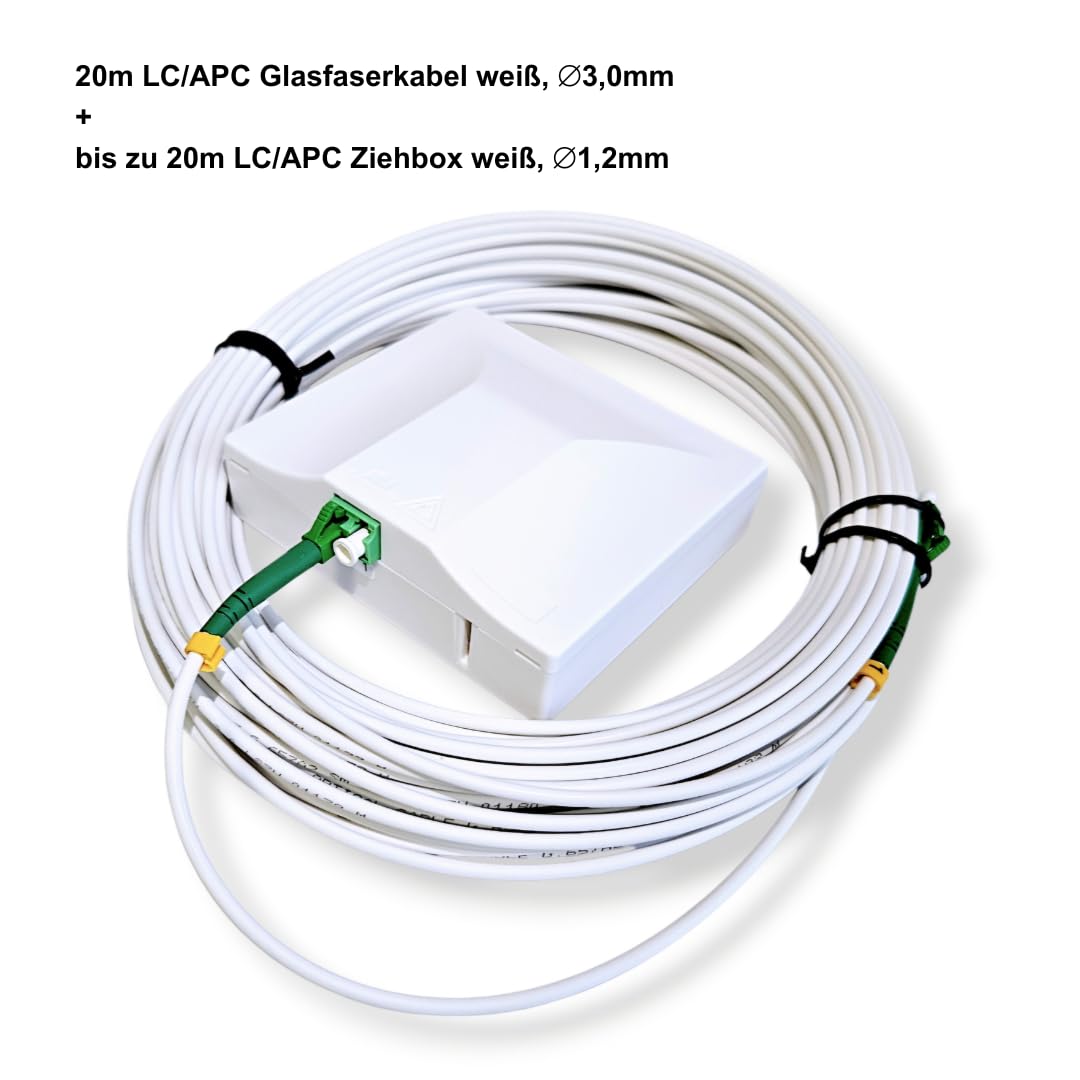 FLEXI KIT - 20m Glasfaserkabel vorkonfektioniert mit 20m Ziehbox, LC/APC 8°, weiß, OS2 Patchkabel, 3.0mm/1.2mm Durchmesser, 9/125μm, LSZH, FTTH Lichtwellenleiter, G.657.A2