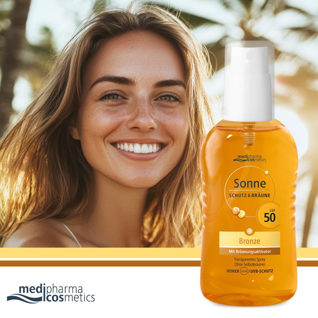 Sonne Schutz&Bräune Bronze Pump-Spray LSF 50 - Sonnenspray mit Bräunungsaktivator - zur Unterstützung der natürlichen Bräune - transparent - ohne Selbstbräuner - von medipharma cosmetics - 200 ml
