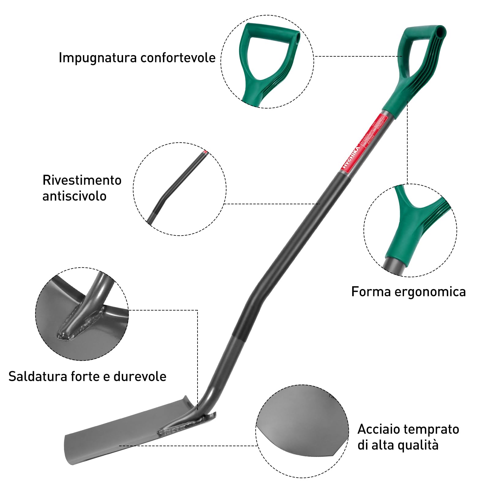 HYCHIKA Pala da Giardino Circolare, Vanga da Giardinaggi, Pala da Scavo, Acciaio Temprato di Alta Qualità, Manico Ergonomico Impugnatura a D, per Piante, Agricola, Diserbo, Spalatura Neve