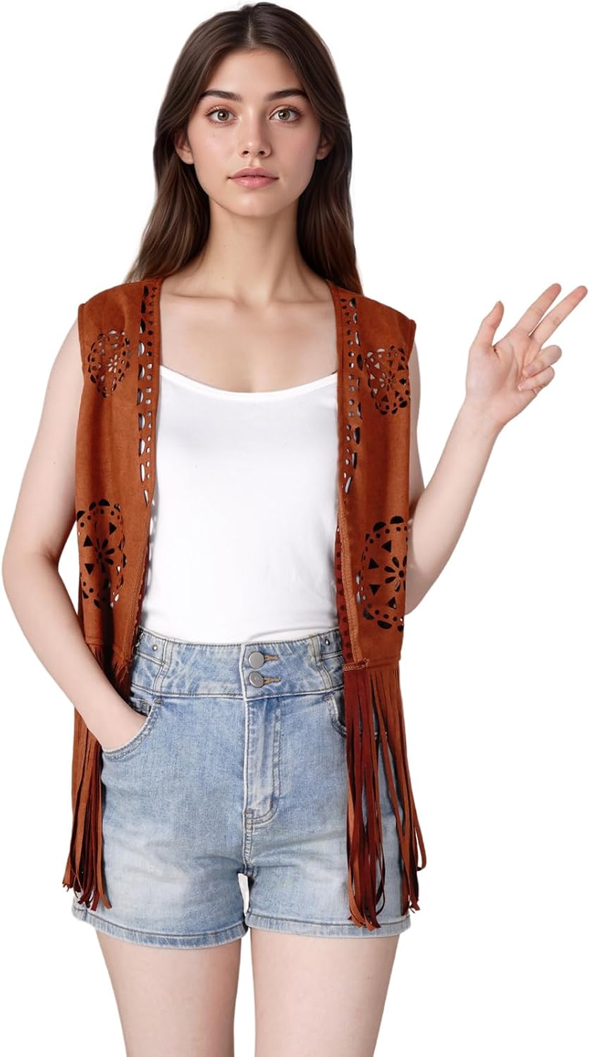 choyaxo レディース フリンジベスト 60年代 70年代 ヒッピーベスト ノースリーブ カウガール ウェスタン フェイクスエー