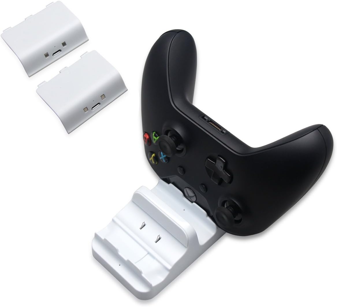 Megadream Xbox One Dual Charging Charger Docking Station Stand, 2 x 300mAh Rechargeable Battery Pack & Charge Cable for Microsoft Xbox One, Xbox One Slim, Xbox One X, Xbox One Elite Controller - White : Video Games