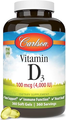 Miniatura 5 de Carlson - Vitamina D3 4000 UI (100 mcg), apoyo inmunológico, salud ósea, salud muscular, colecalciferol, suplementos de vitamina D, geles blandos de