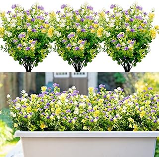 6 Bundles Artificial Fake Flowers, 3 Colors Outdoor Faux Plastic Bouquet Shrubs Plants for Indoors Outdoor Hanging Basket Garden Window Box Wedding Party Decoration (Purple White Yellow)