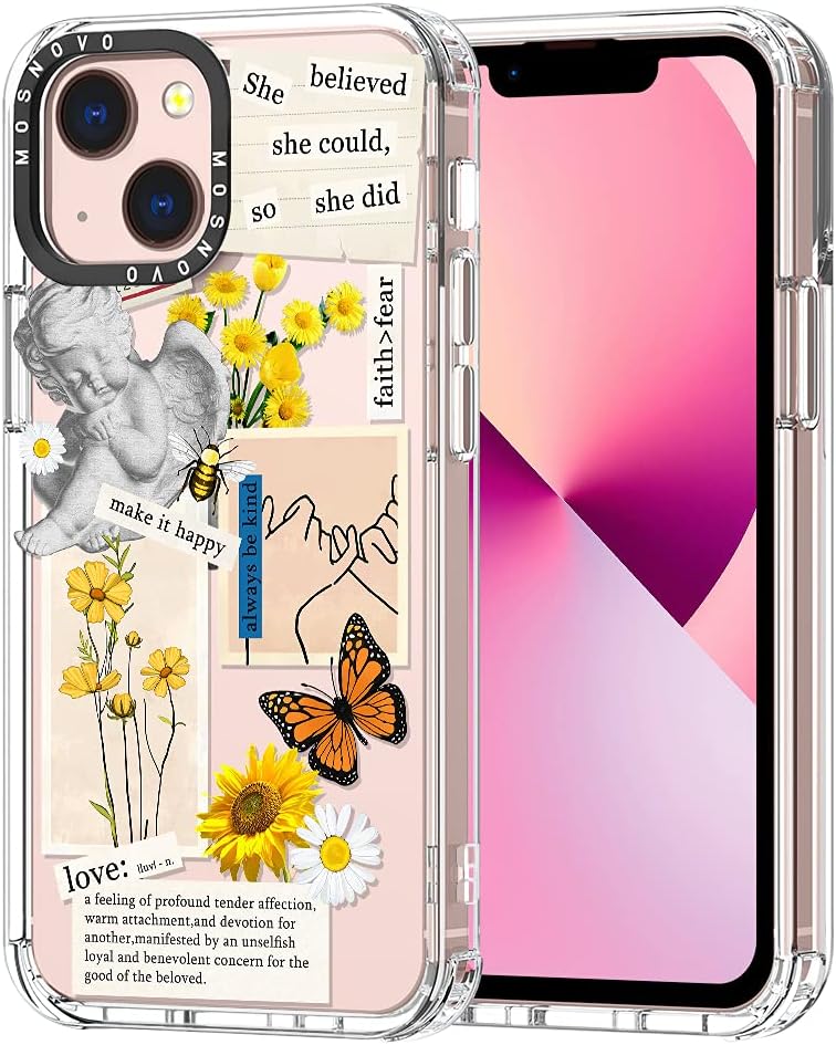 MOSNOVO Case for iPhone 13, [Buffertech 6.6ft Military-Grade Drop Protection] [Anti Peel Off Tech] Clear TPU Bumper Phone Case Cover Design - Vintage Collage Art
