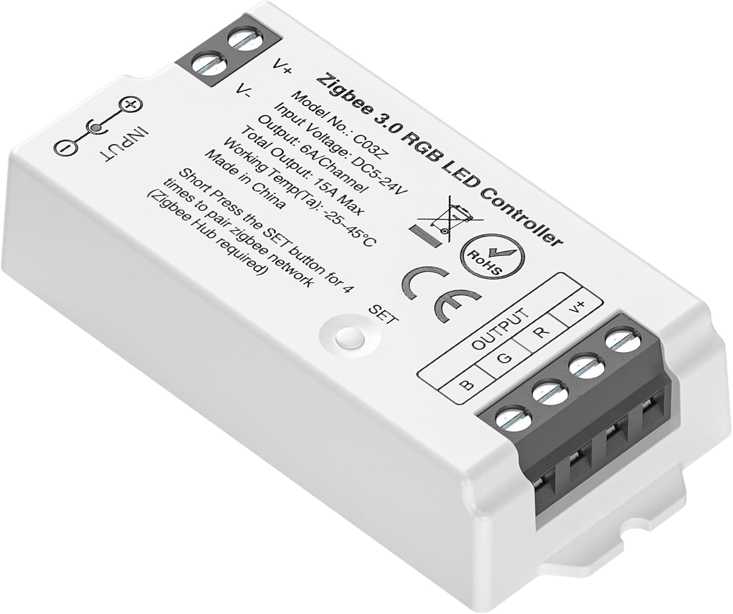 BTF-LIGHTING Tuya Zigbee 3.0 C03Z Controller Support RGB Color 4 pin (+V R G B) PWM LED Strip Bulb Compatible with Echo Plus/4th Gen Tuya Gateway DC5V/DC12V/DC24V Max 15A