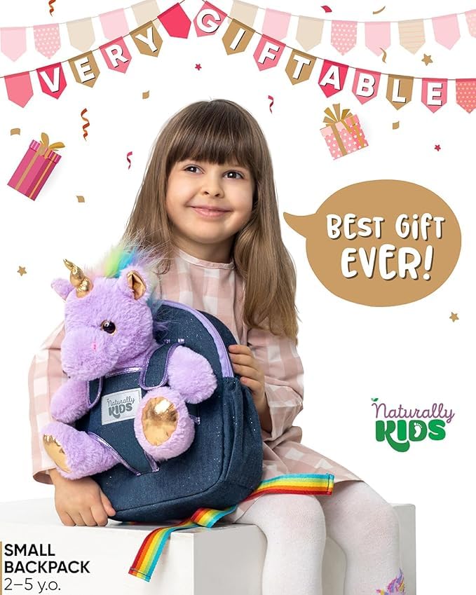 Naturally KIDS 【Upgraded】 Toddler Backpack w Removable Purple Unicorn Toy for Girls Age 2-6 | Side&Inner Pockets, Reflective Logo, Sparkling Material | Christmas Gift for 4 year old Girl