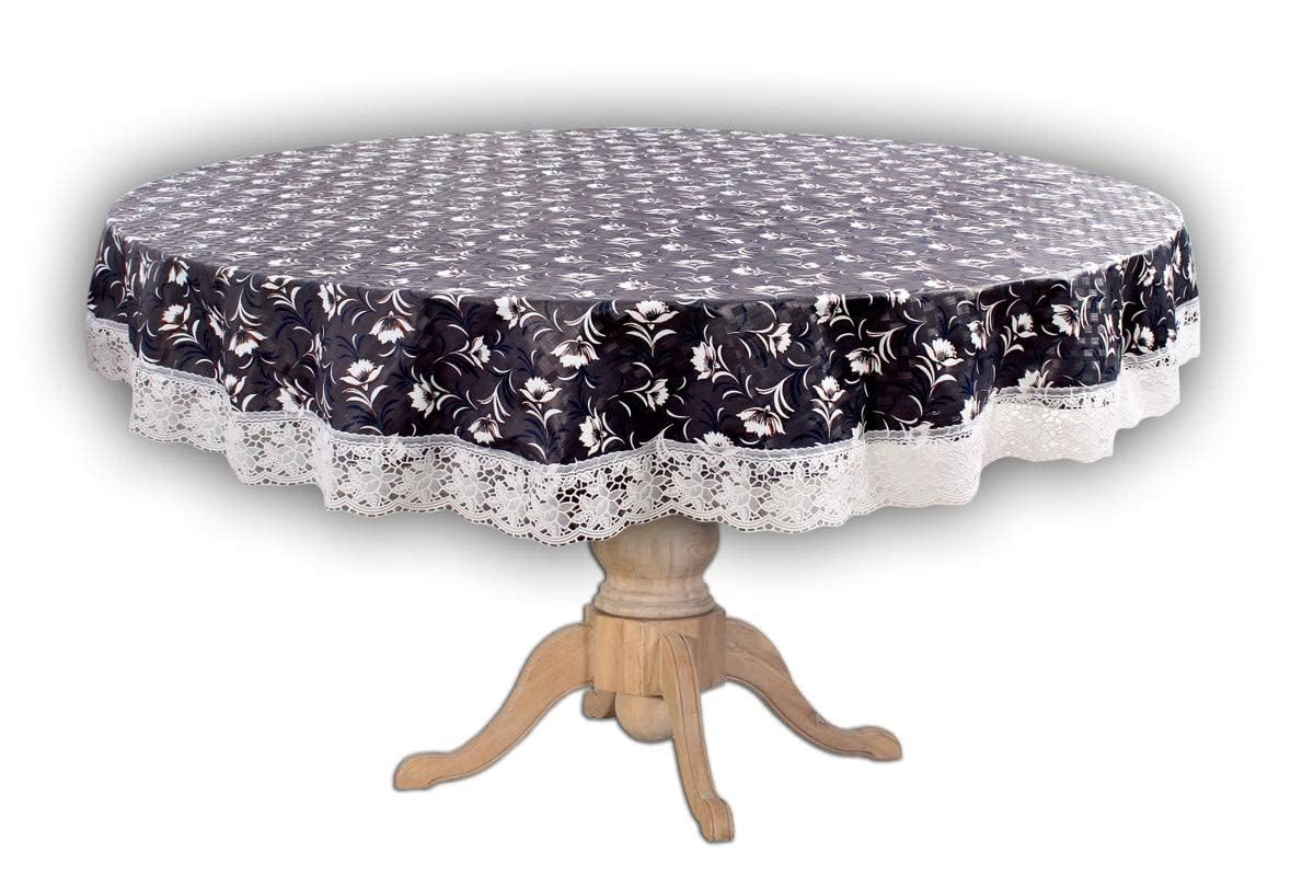 Center & Dining Table Cover Grey Color Flower Printed Table Cloth with White Lace - Waterpoof & Dustproof Round Shape Table Cloth (60" Round)-Table Cloth Grey 27-image-35
