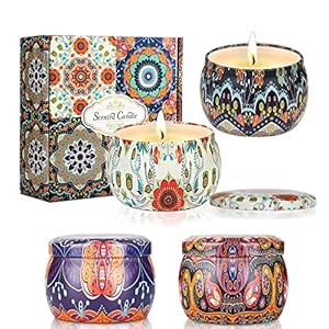Scented Candles Gift Set for Women, 4 Pack Natural Soy Wax Aromatherapy Vanilla,Lavender,Rose,Jasmine 4.4 Oz Travel Tin Fragrance Relaxing Stress Relief Aroma Home Yoga