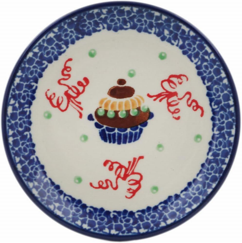 Polmedia Polish Pottery Mini Plate, Coaster plate - Birthday Cupcakes Pattern Handmade in Boleslawiec Poland by Ceramika Artystyczna + Certificate of Authenticity