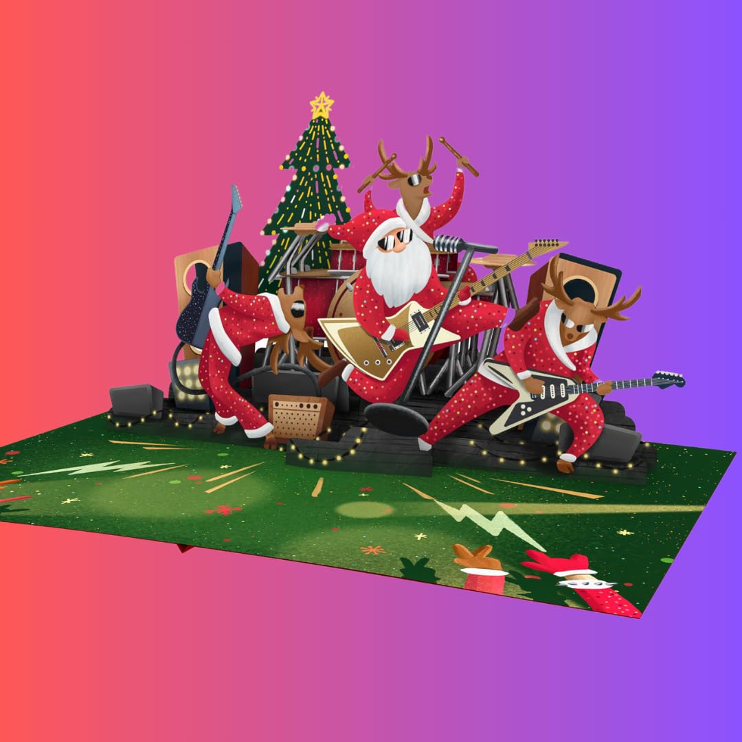 Three Dee Cards -Santa & Reindeer Rock Band Christmas 3D Special Pop Up Greeting Card for Daughter Son In Law Husband Wife Brother Sister Mum and Dad Family Holiday Pop-up - Image 3