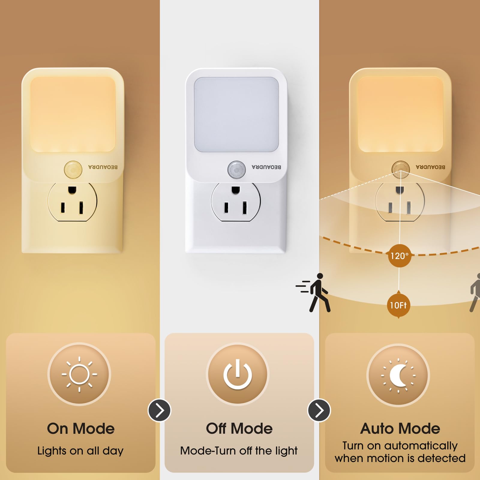 Plug-in-Bewegungsmelder-Lichter mit einstellbarer Helligkeit, warmweiß, bewegungsaktiviertes LED-Nachtlicht für Schlafzimmer, Badezimmer, Treppen, Flur, Wohnzimmer, 2 Stück