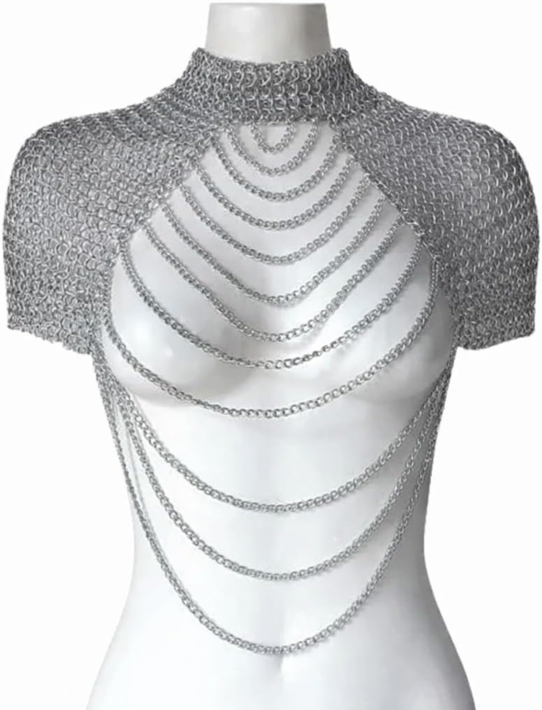Aluminum Chainmail Shoulder Top, Handmade Medieval Festival Armor Harness for Women, Gothic Costume Bra, Silver, Cosplay Accessory