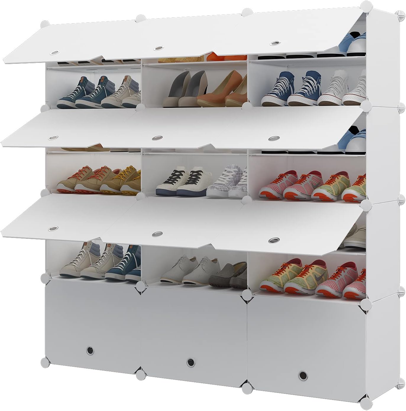 Aeitc Portable Shoe Rack, 48-Pair DIY Shoe Storage Shelf Organizer, Plastic Shoe Organizer for Entryway, Shoe Cabinet with Doors, White