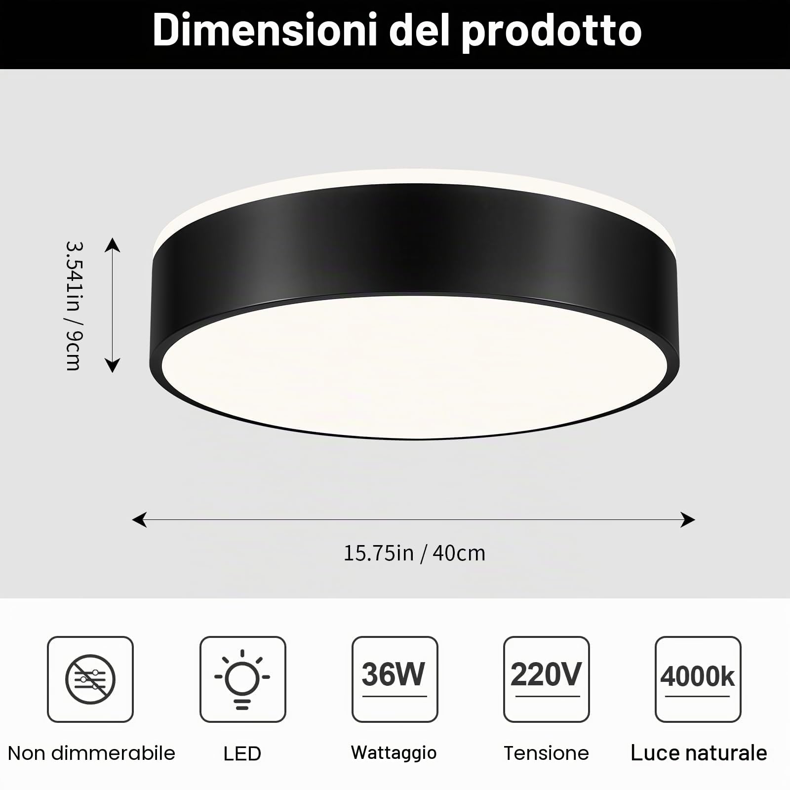 Plafoniera LED Soffitto Moderna Nero, Lampada da Soffitto Rotonda | Plafoniere LED per Camera da Letto, Bagno, Cucina, Soggiorno, Corridoio, Balcone, Studio, 4000K, 36W, Ø40 cm