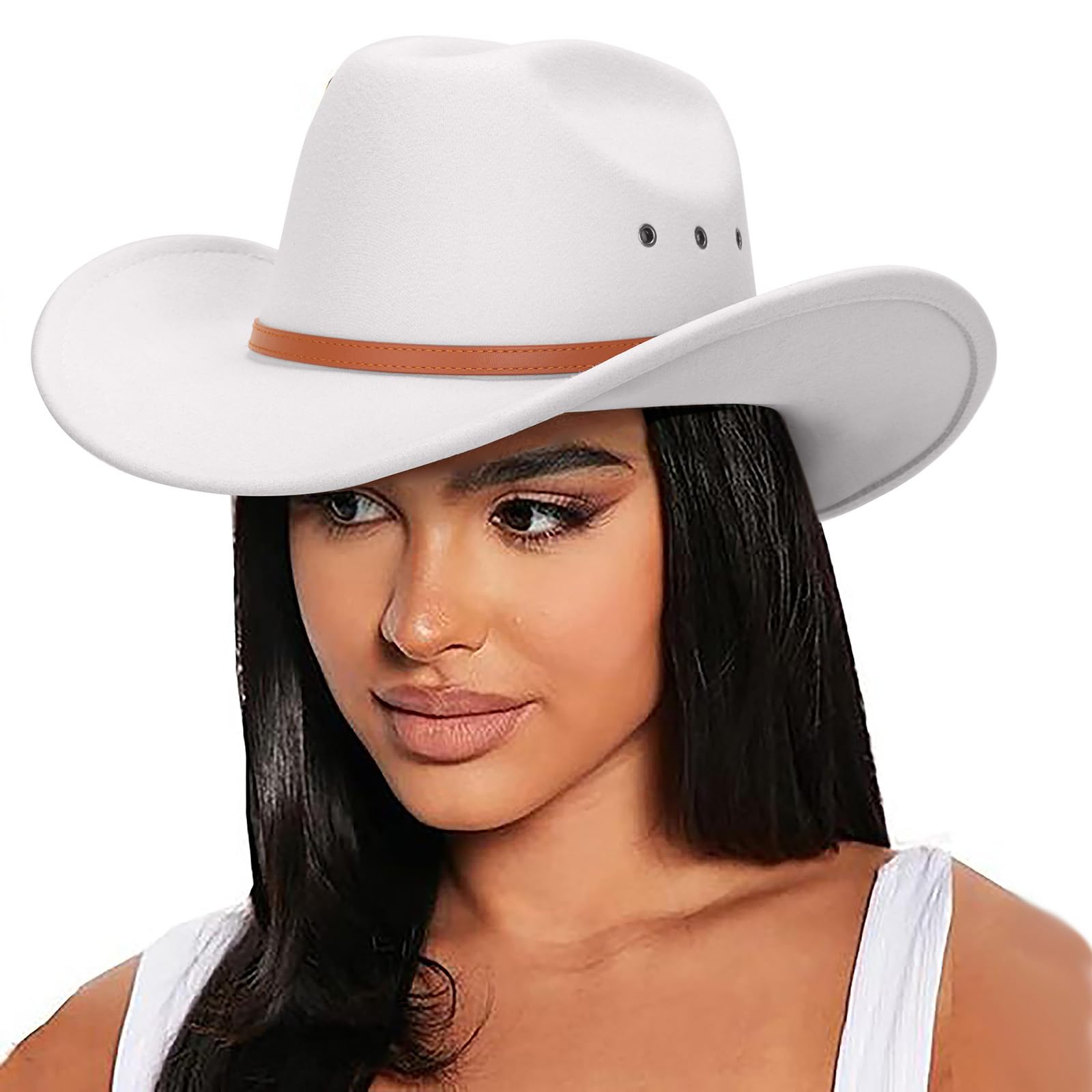 DRESHOW Chapeau de Cowboy pour Femme et Homme Le Rancher Western Chapeau en Feutre Chapeaux Fedora à Bord Large Extérieur avec Boucle de Ceinture Rétro Unisexe Chapeau Roulé