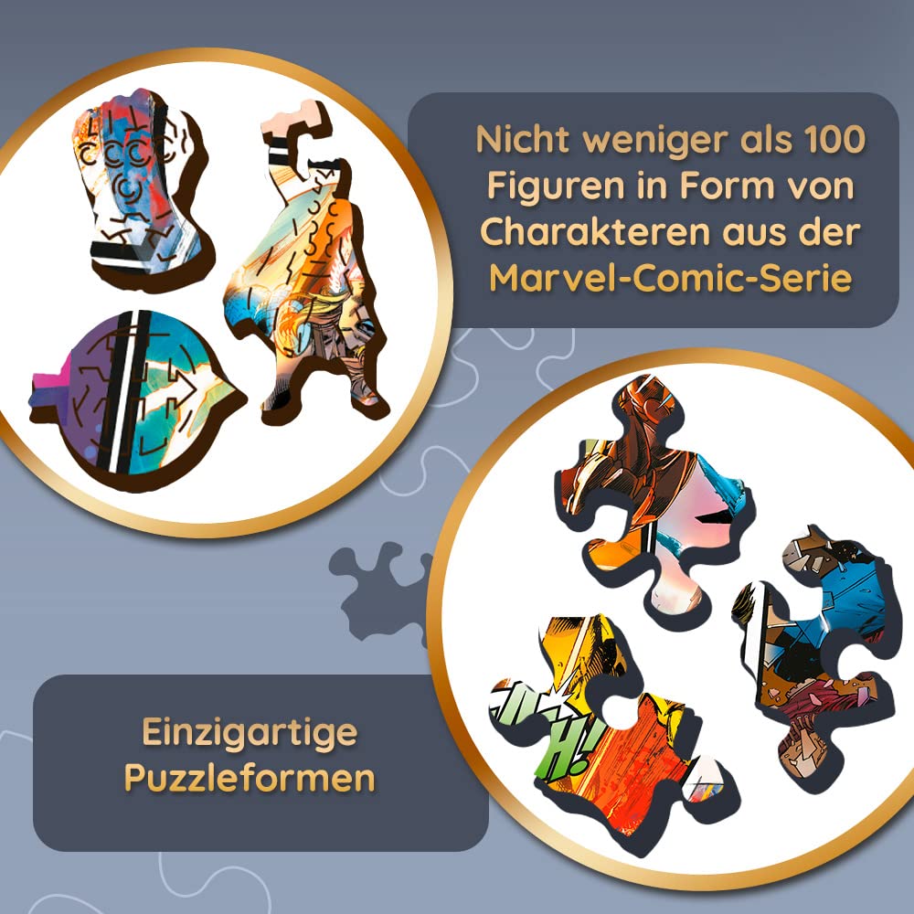 Trefl - Holzpuzzle: Marvel Comic Universe - 1000 Elemente, Wood Craft, Holzhandwerk, unregelmäßige Formen, 100 Superheldenfiguren und -Attribute, Premium-Puzzle, holzpuzzle Erwachsene