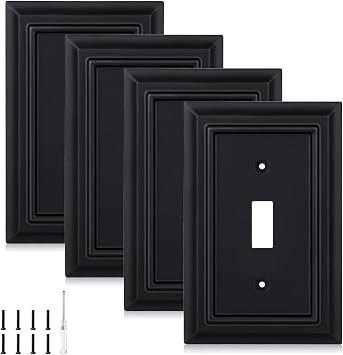 Matte Black Decorative Outlet Covers Wall Plates, Natural Material Electric Receptacle Light Switch Covers, Switch Plate Outlet Cover - Modern Style 1 Gang Toggle 4 Pack