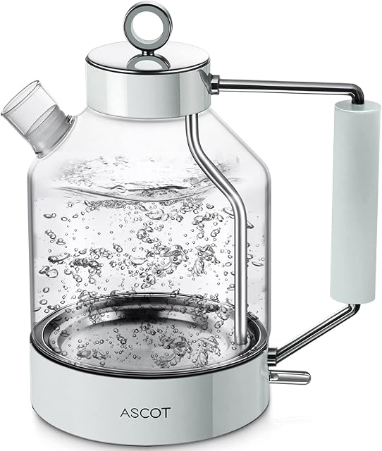 Electric Kettle, ASCOT Glass Electric Tea Kettle 1.6L 2200W Tea Heater & Hot Water Boiler, Borosilicate Glass, BPA-Free, Auto Shut-Off and Boil-Dry Protection (White)