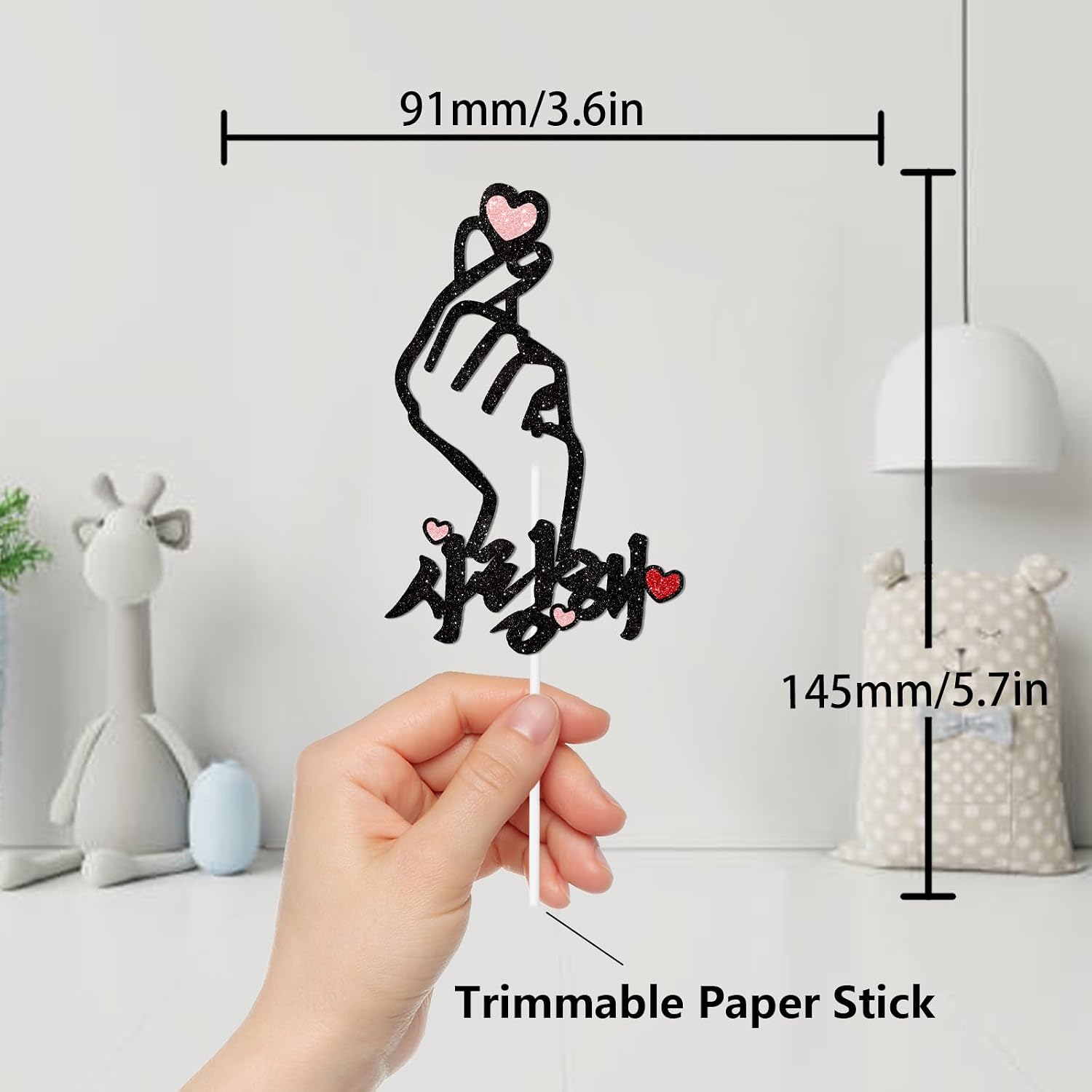 L-Ca-0731 Glitter Korean Saranghae Love You Cake Topper Cheer to Hand Gesture Heart Theme Anniversary Party Decoration for Men Women Happy Birthday Decor Supplies image 2