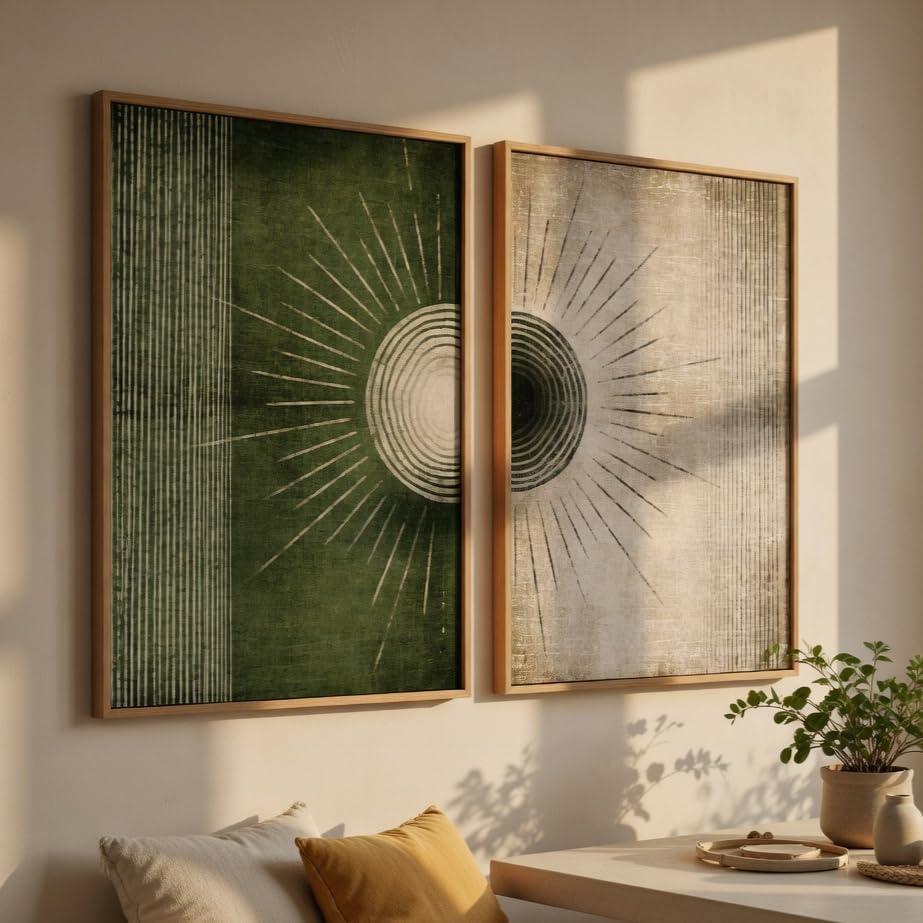Image of Livin'luxe Modern Sunburst Abstract Wall Painting Set of 2 with Wooden Frames | Minimalist Geometric Line Art HD Sparkle Laminated MDF Wall Decor | Contemporary Wall Art for Living Room Bedroom