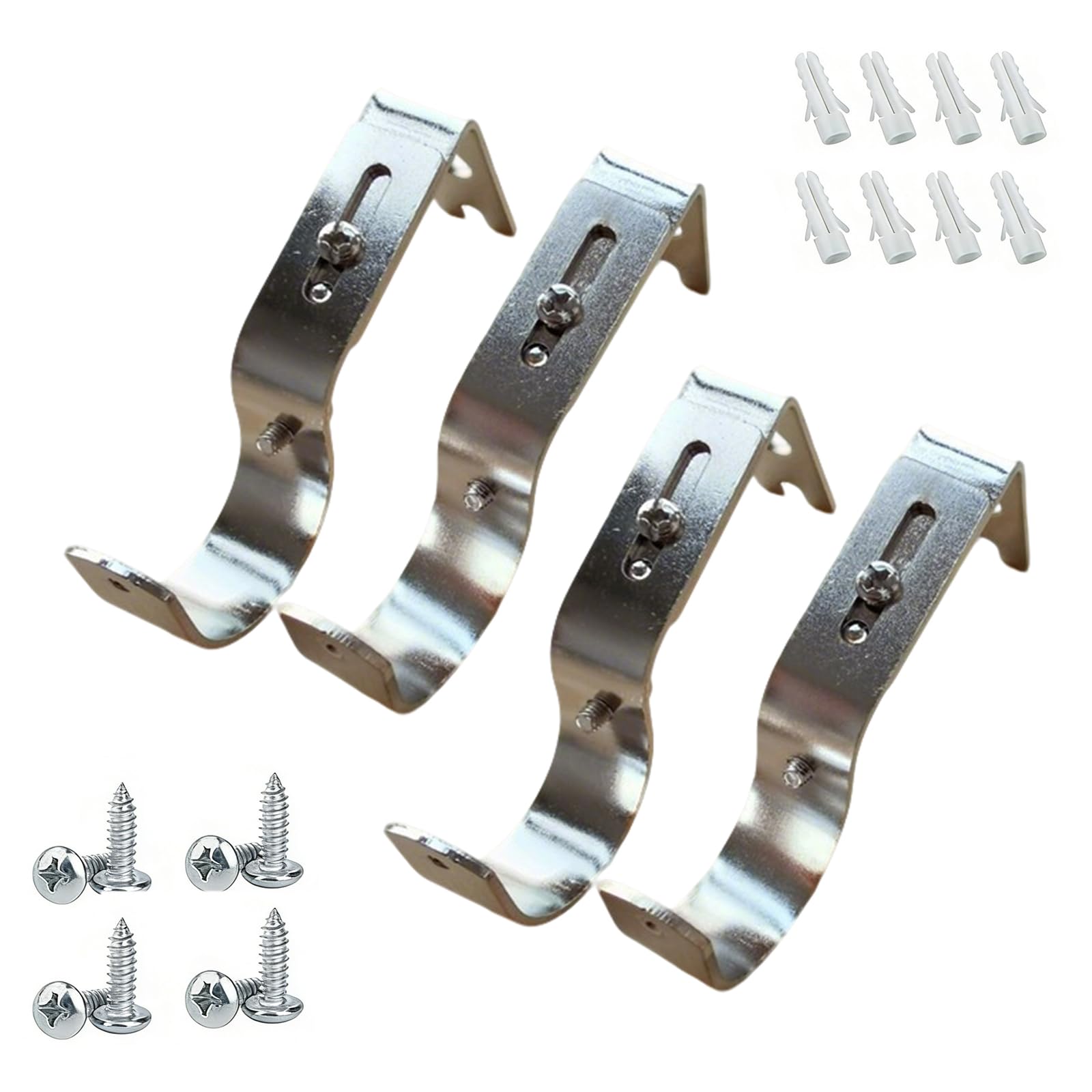 Rhinenet 2 Pairs Curtain Pole Bracket Adjustable Single Curtain Rod Brackets Holder Wall Bracket Hooks Outside Mounted Blinds Heavy Duty Support with Screws for Curtain Poles Wall Rod (Silver)