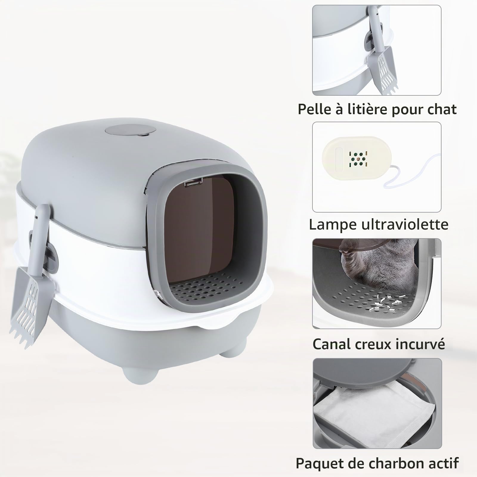 Bac à Litiere Chat Autonettoyante,Maison de Toilette pour Chat,Bac à Litière Autonettoyante,Litière Automatique Autonettoyant pour Chats (Gris)
