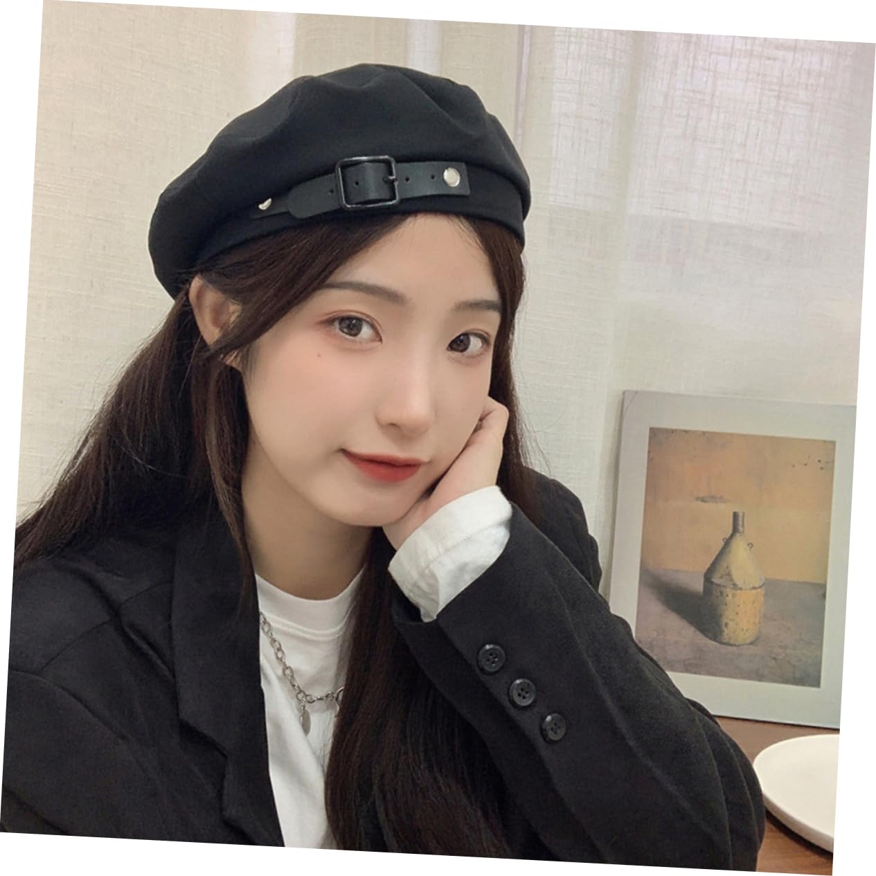 BESPORTBLE Leather Beret Hat for Women Simple French Design Sunscreen Windproof for Travel Vacation Park Black