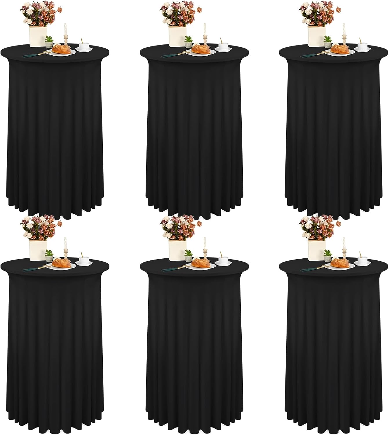 6 Pack Round Spandex Cocktail Table Skirt, 32x43 Inch Stretch Cocktail Tablecloths with Skirt, Table Skirt with Wavy Drapes Fitted High Top Bar Table Covers for Wedding, Bar, Party, Banquet（Black）