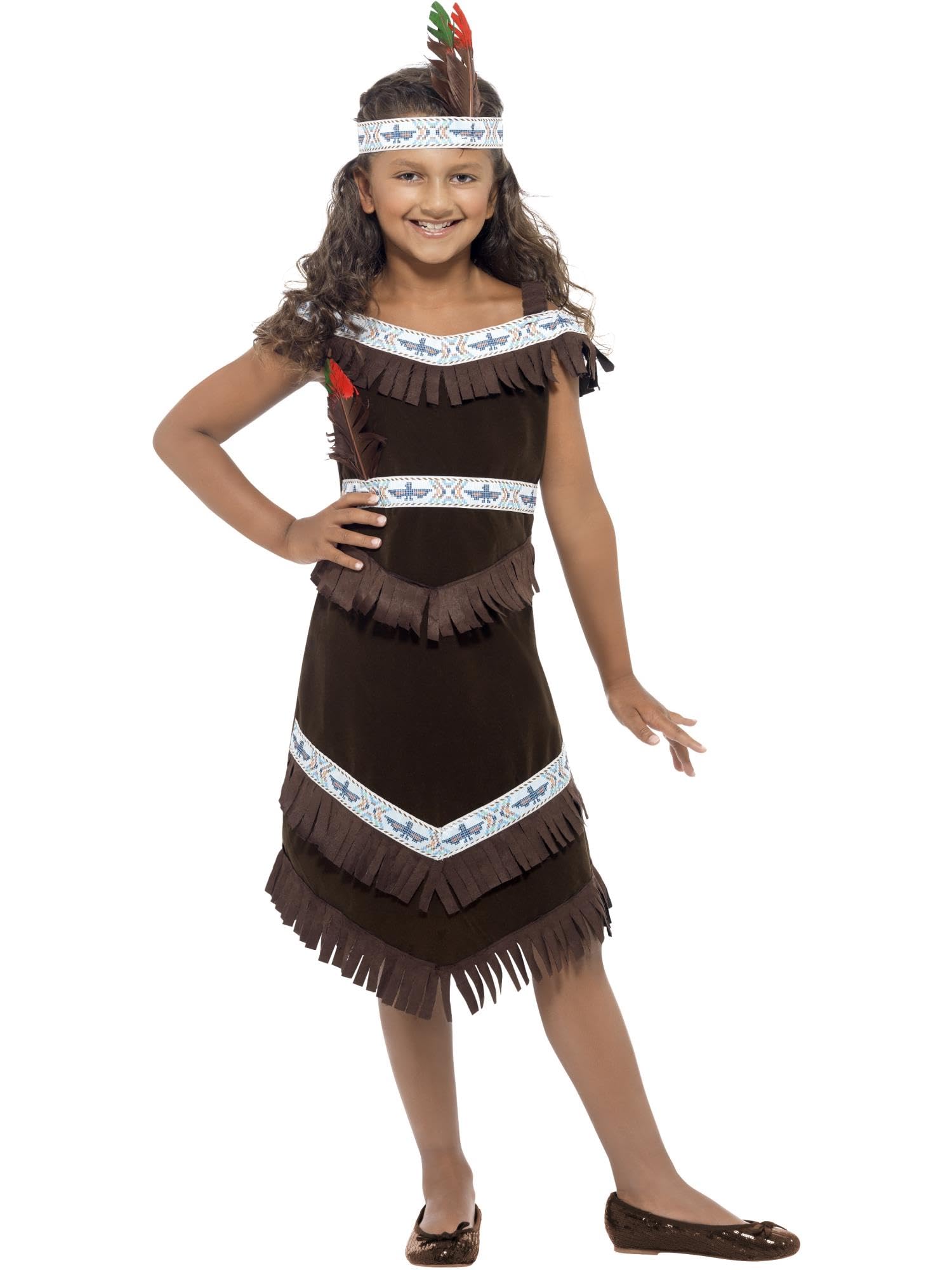 Smiffy's Native American Inspi Girl Costume, Brown, Fringed Dress & Feather Headband - Costume Indian Fancy Dress Girls Native Outfit American Child Red