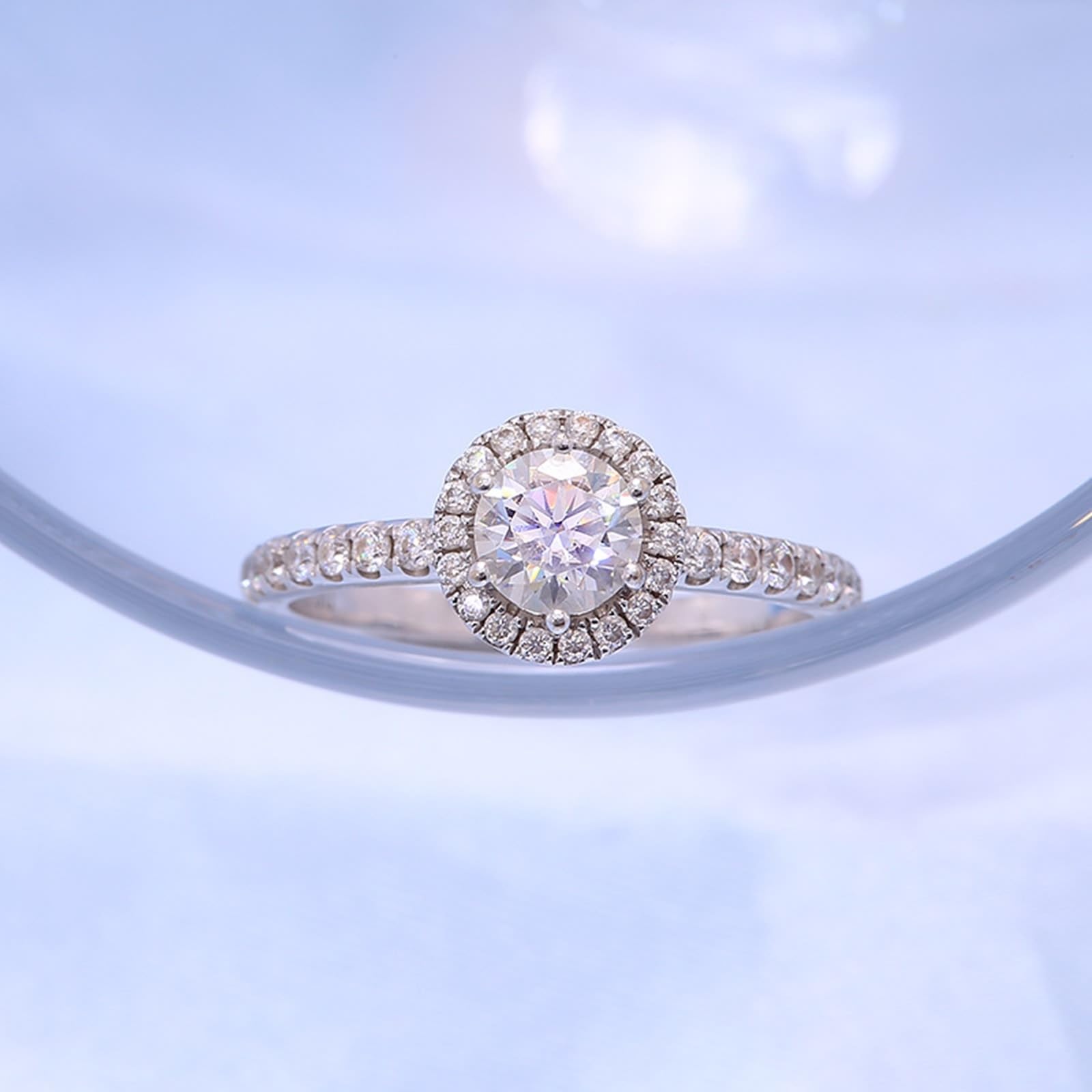 Anillo de boda para mujer, oro blanco, corte redondo, halo cultivado en laboratorio, anillos de compromiso de oro de 14 quilates/18 quilates, 0,5 quilates para ella
