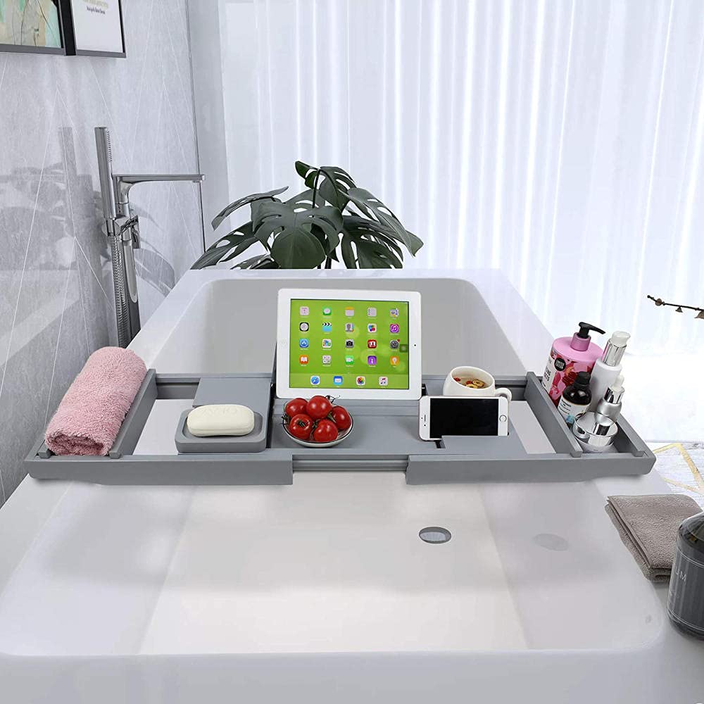Vassoio da Vasca da Bagno in bambù Premium, Vassoio da Bagno Estensibile con Tablet Libro Cellulare e portabottiglie può darti Una Spa di Lusso e Romantica