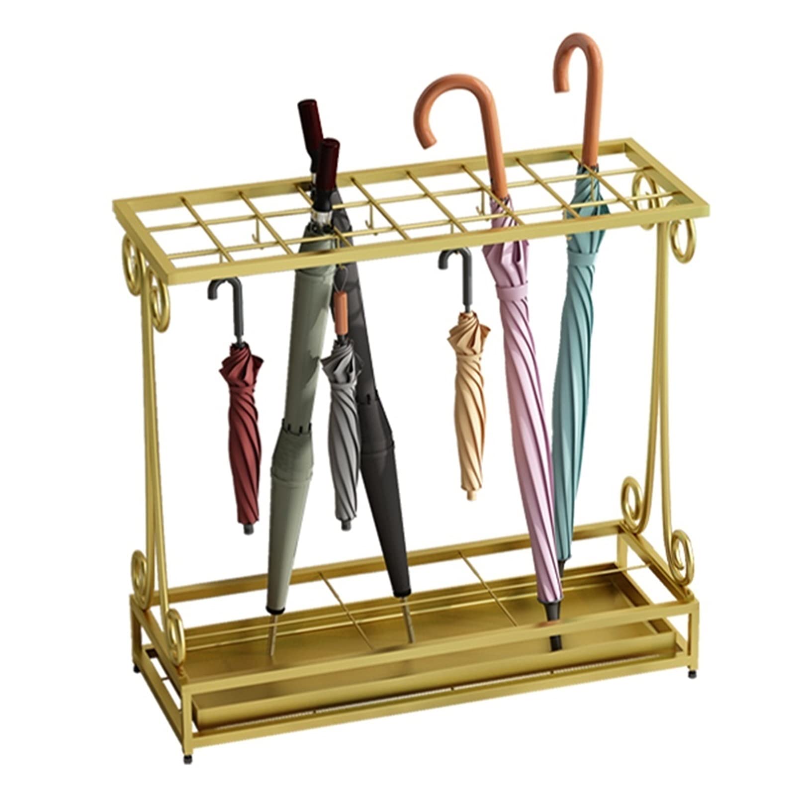 WQPMNYG Large Capacity Gold Black Metal Umbrella Stand Holder with Detachable Drip Tray - Stylish Cane and Cue Storage Rack for Hotels Banks Schools - Easy Assembly