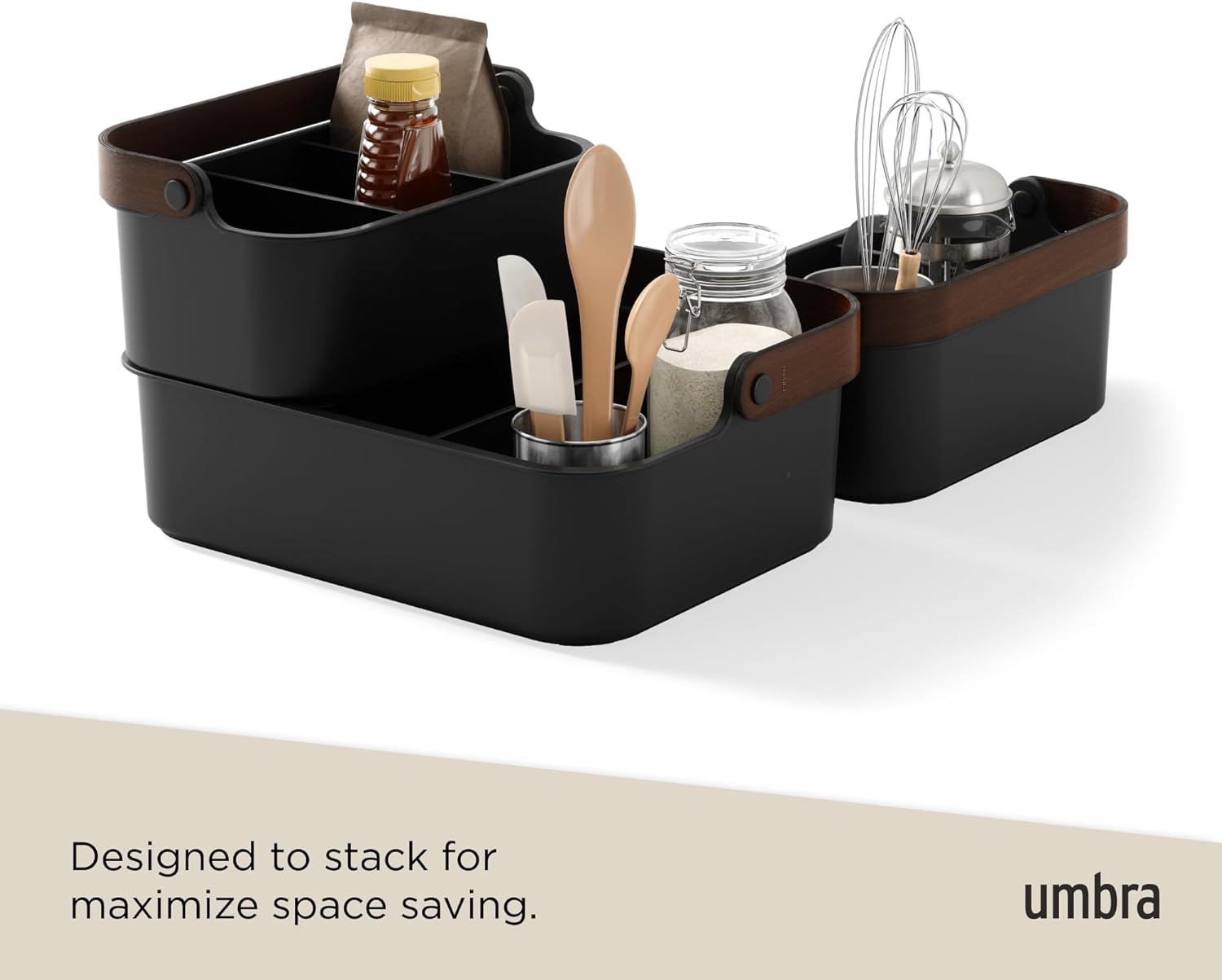 Umbra Bellwood Stackable Storage Bin, Multipurpose Caddy Organizer, 14 x 10 in, Black/Walnut