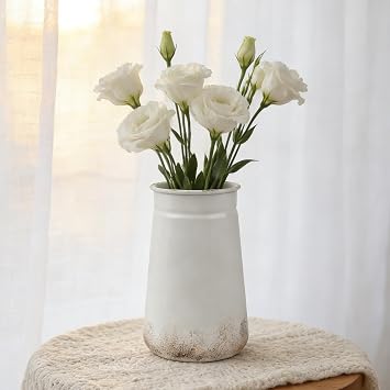 Shabby Chic Classy Designed Blue Milk Can Galvanized Finish Metal Vase Country Rustic Primitive Decorative Flower Holder for Home Office Garden, 7.79" H White