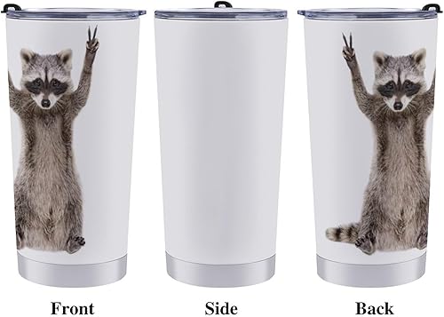 Miniatura 2 de MoBlinko Vaso de viaje de 20 onzas con tapa y pajitas, divertido y lindo mapache con señal de paz, taza de café aislada de acero inoxidable para