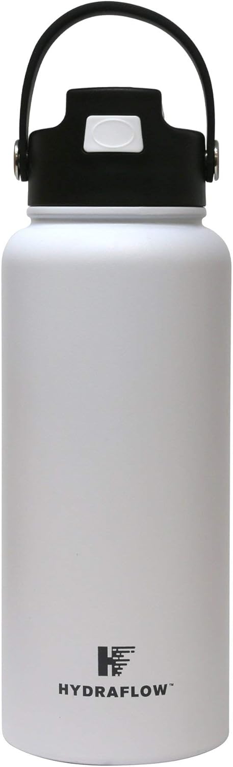 Hydraflow Hybrid – Triple Wall Vacuum Insulated Water Bottle with Flip Straw (34oz, Powder White) Stainless Steel Metal Thermos, Reusable Leak Proof BPA-FREE for Sports and Travel