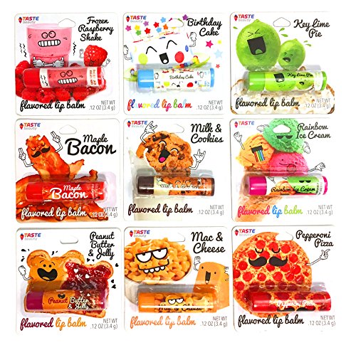 Taste Beauty 9PC Assorted Tinted Foodie Lip Balm (Frozen Raspberry Shake, Birthday Cake, Key Lime Pie, Maple Bacon, Milk & Cookies, Rainbow Ice Cream, PB&J, Mac & Cheese, Pepperoni Pizza)