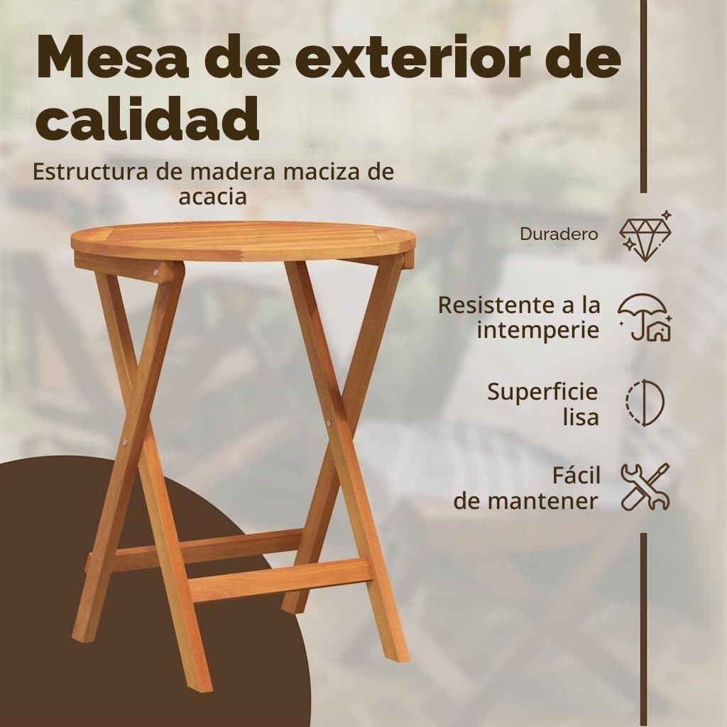 vidaXL Mesa de Jardín Plegable Redonda Ø60 x 72cm de Madera Sólida de Acacia, Ideal para el Exterior, Diseño Moderno, Acabado Suave y Brillante, Ahorra Espacio, Cenas o Cafés. Mueble P