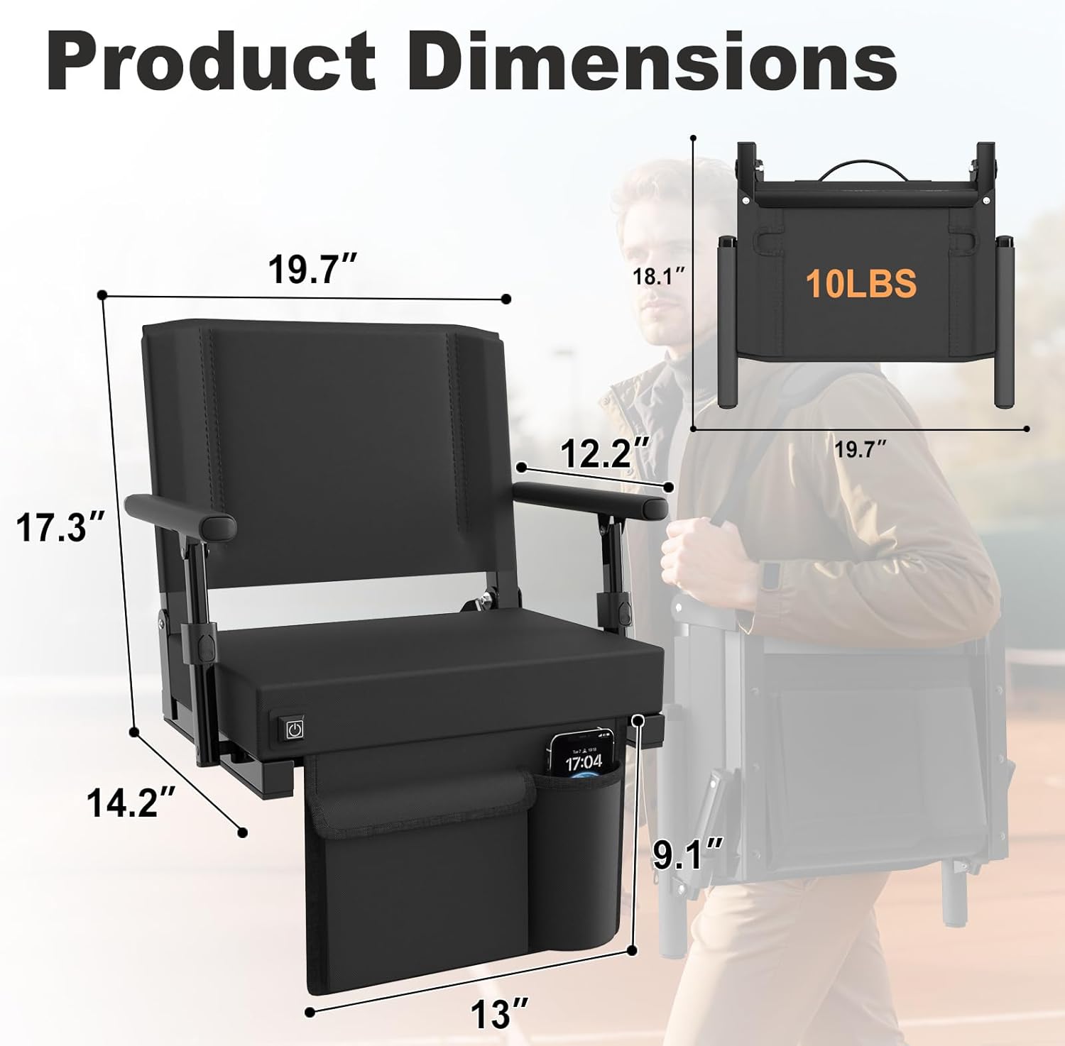 HOPERAN Heated Stadium Seats for Bleachers with Back Support - 3 Levels Heating Bleacher Chairs with Back and Cushion with Armrest, Thick Padded Bleacher Seats, Stadium Chair with Shoulder Strap