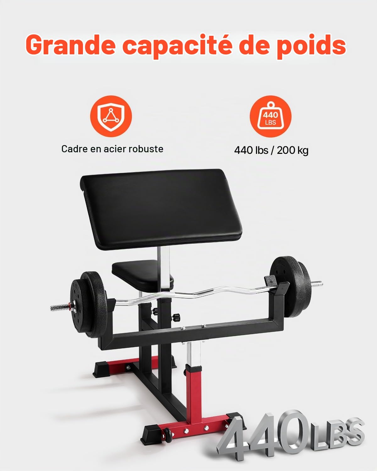 VEVOR Banc à Biceps Charge Maximale de 200 kg, Pupitre à Biceps pour Entraînement avec Haltères et Barre d’Haltères, Banc de Musculation de Bras, Équipement de Gym Salle de Sport, pour Fitness
