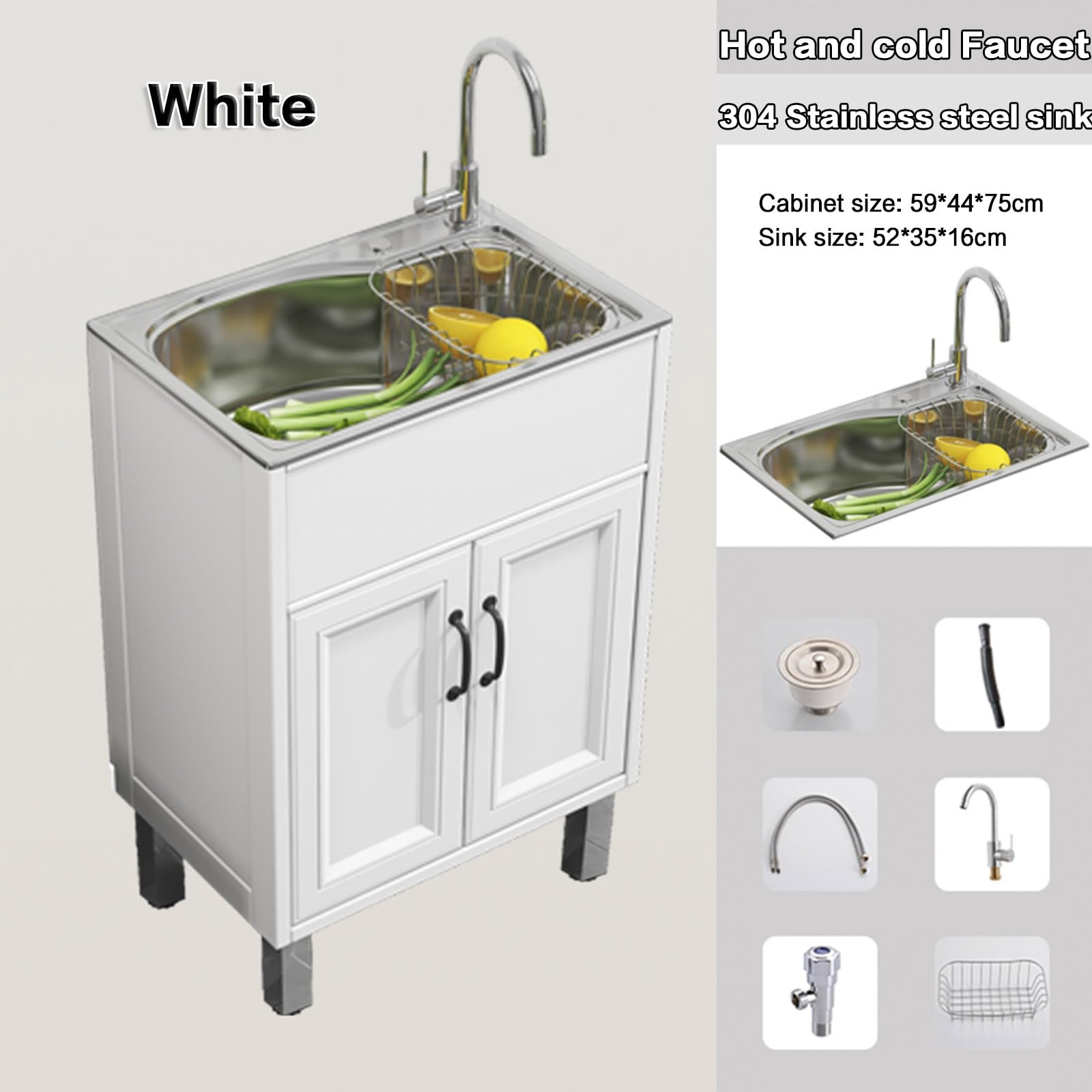 XBTGS Armadietto da cucina con armadietto, lavello da cucina commerciale/industriale con rubinetto freddo e caldo per piccoli spazi, cantina, piccoli camper, A-59 x 44 x 75 cm