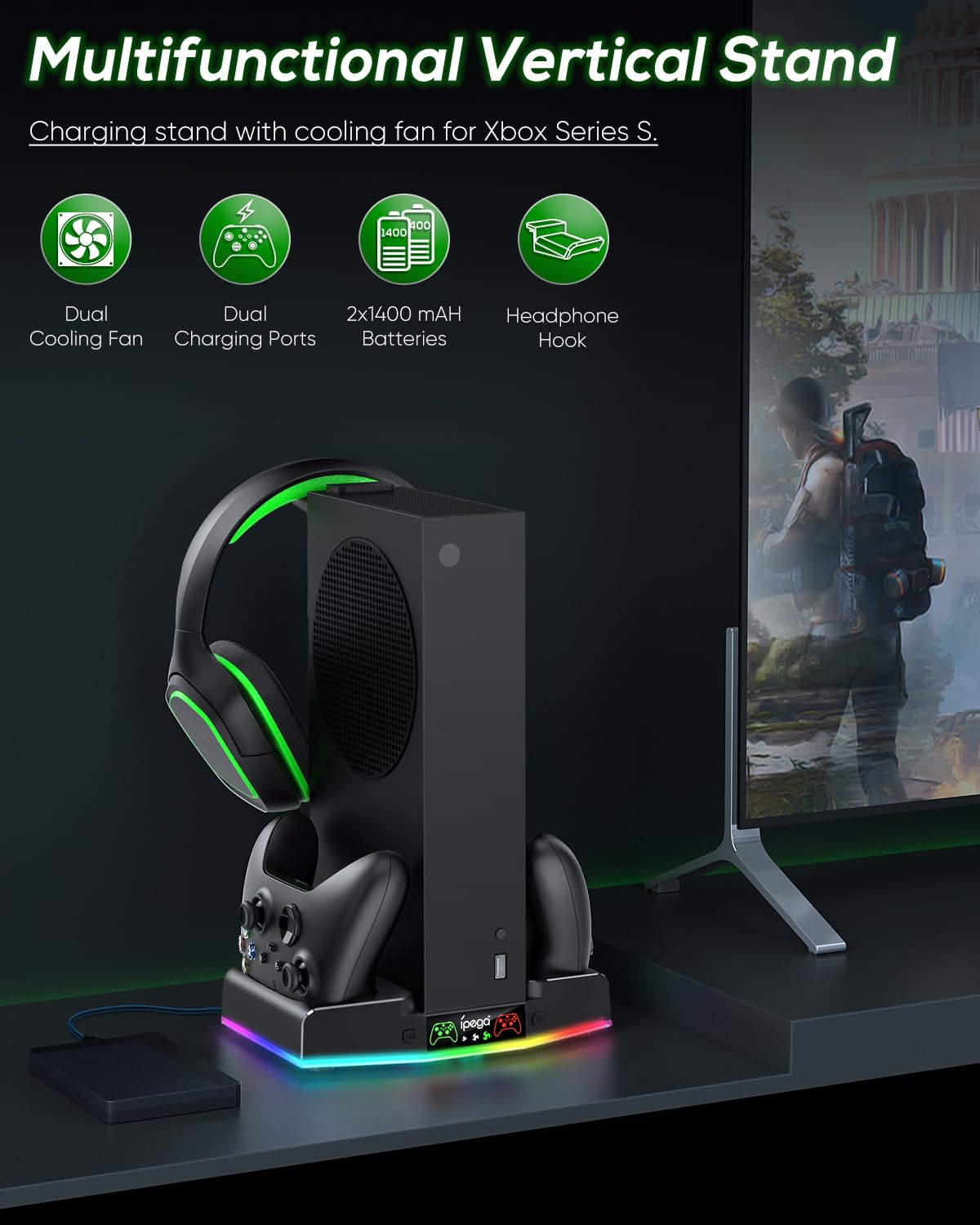 Supporto di raffreddamento e stazione di ricarica per Xbox Series S con striscia luminosa RGB, doppio caricatore di controller e ventola di raffreddamento per accessori console XSS con 2 batterie